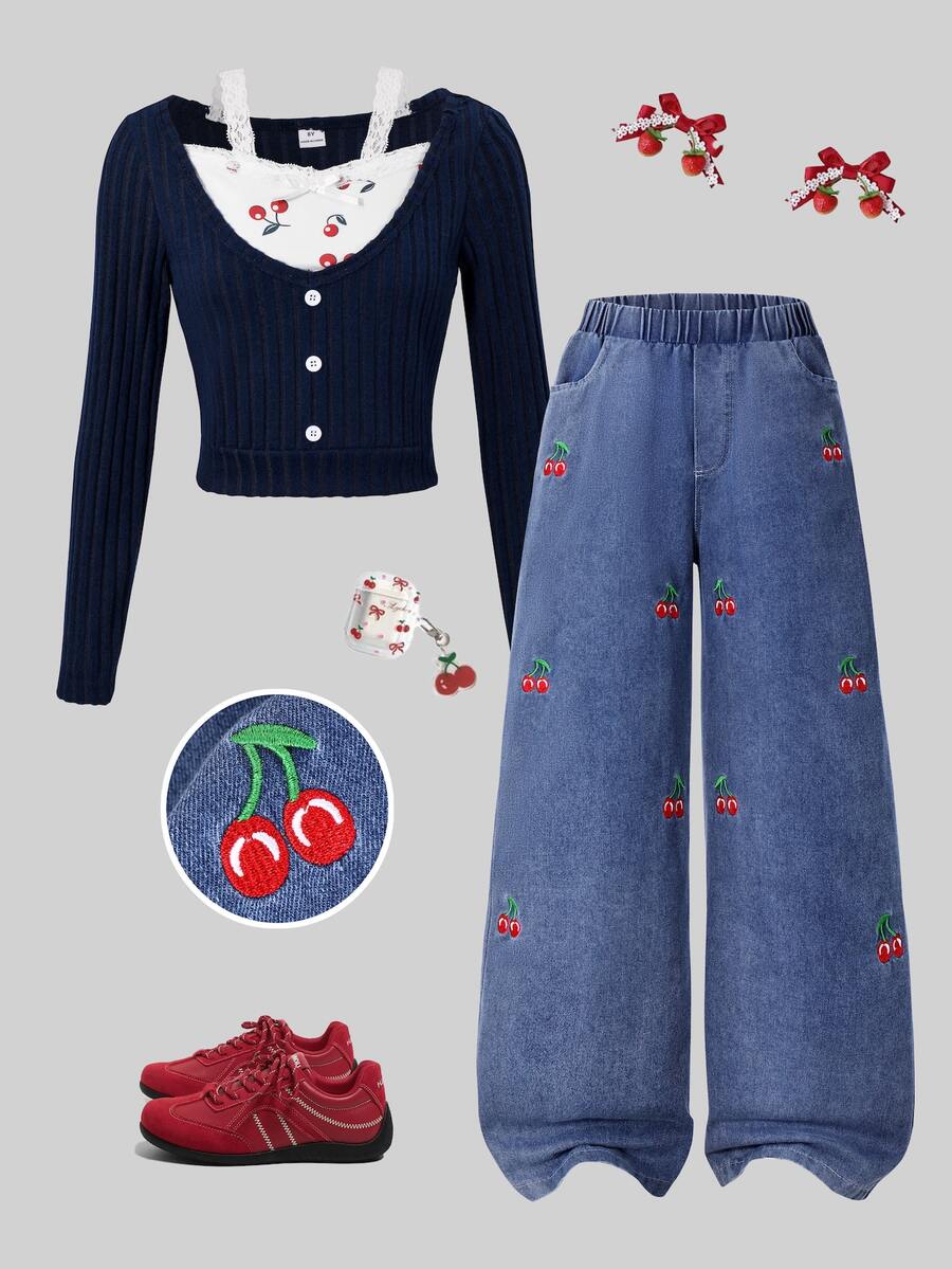 SHEIN Sparklyn 2Pcs Tween Girls Cute Patchwork V-Neck Long Sleeve T-Shirt & Embroidered Denim Pants Set, Autumn - Navy Blue - View 1