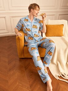 Notgurli GARFIELD | SHEIN Men's Cat Print Single-Breasted Short Sleeve Shirt And Shorts 2 Pieces Set - Multicolor - View 7