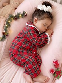 SHEIN Infant Girls Cute Red Plaid Peter Pan Collar Pajama Set With Elastic Waist Long Pants Loungewear - Red - View 3