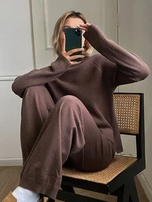DAZY Autumn/Winter High Neck Coffee Color Solid Knit Loose Lazy Casual Home Wear Matching Wide Leg Pants Women's Sweater 2 Pieces Set - Brown - View 1
