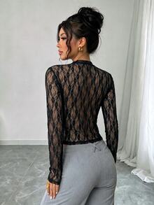 SHEIN Elenzya Contrast Lace Sheer Cup Detail V Neck Top - Black - View 2