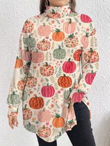 SHEIN Casual Minimalist Plus Size High Neck Long T-Shirt, Spring/Autumn, Autumn/Winter, Halloween - Multicolor - View 5