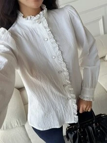 DAZY Solid Color Loose Ruched Ruffle Long Sleeve Princess Sleeve Casual Vacation Korean Style Girl Spring Autumn Blouse Women Shirt - White - View 6