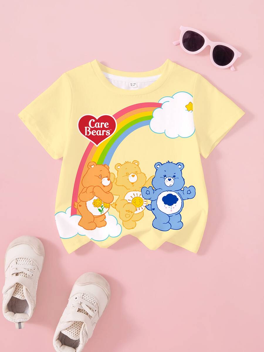 SHEIN X Care Bears 女童彩虹印花圓領短袖休閒T恤 - 白色 - 查看 1