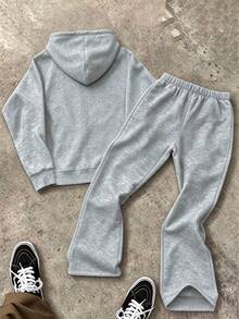 SHEIN 青少年女孩十字圖案拉鍊連帽外套與長褲休閒日常穿搭套裝 - 灰色 - 查看 2