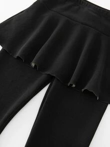 SHEIN 少女緊身褲，休閒優雅 2 合 1 蝴蝶結圖案裙褲，適合春、秋、夏季穿著，完美適合外出 - 黑色 - 查看 4