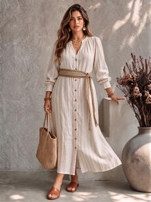 Ceyna Striped Plus Size Women's Notch V-Neck Long Sleeve Single-Breasted Casual Dress - Beige - View 1