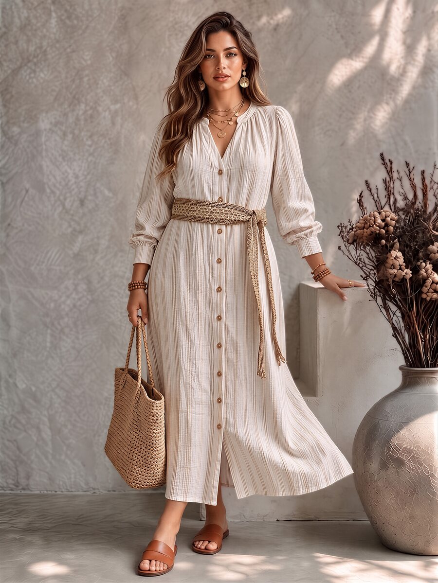 Ceyna Striped Plus Size Women's Notch V-Neck Long Sleeve Single-Breasted Casual Dress - Beige - View 1