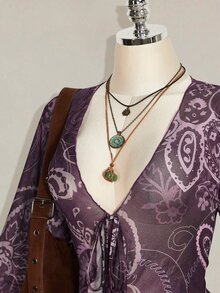 SHEIN ICON 女款大尺碼佩斯利印花前綁帶喇叭袖高低下擺上衣 - 紫色 - 查看 5