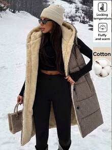 SHEIN Clasi Plaid Print Padded Hooded Vest Jacket, Autumn/Winter Vest Coat - Mocha Brown - View 1