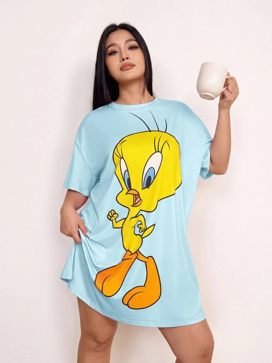 LOONEY TUNES X SHEIN 大尺碼女款圓領落肩休閒睡裙 - 薄荷綠 - 查看 1