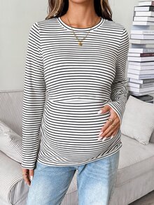 SHEIN 孕婦條紋圓領長袖休閒哺乳上衣 - 白色 - 查看 3