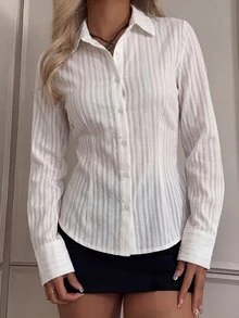 SHEIN EZwear قميص نسائي بلون موحد كاجوال متعدد الاستخدامات للارتداء اليومي - أبيض - مشاهدة 7