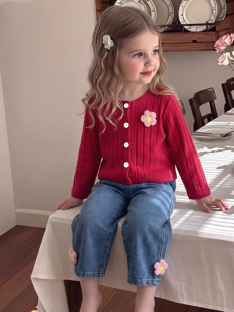 SHEIN 2pcs Toddler Girl Cardigan + Jeans Set Sweet Cute Red Blue 3D Flower Ribbed Long Sleeve Round Neck Regular Birthday Party Fall Holiday Jacket Straight - Red - View 1
