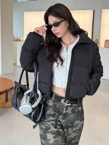 K-Vae Women's Black Hooded Cotton Padded Cropped Jacket, Autumn/Winter - Black - View 7