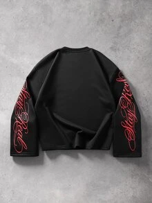 ROMWE MEN Street Life Men's Street Retro Portrait Print Long Sleeve T-Shirt Loose Fit - Black - View 2