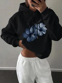 Divinelle 女款休閒極簡印花連帽寬鬆加厚運動衫 - 黑色 - 查看 6