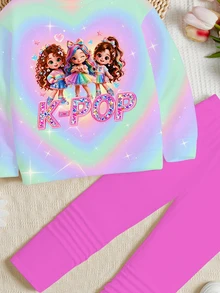 Kids Young Girl Cute Cartoon Girl Print, Colorful Polka Dot Crew Neck Long Sleeve Sweatshirt & Leggings 2-Piece Set, Suitable For Autumn/Winter Y2K - Multicolor - View 5