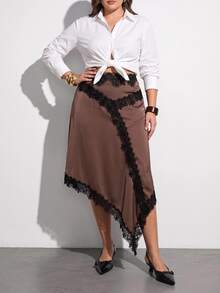 Maija Plus Size Women's Contrast Lace Asymmetrical Hem Elegant Midi Skirt - Brown - View 2