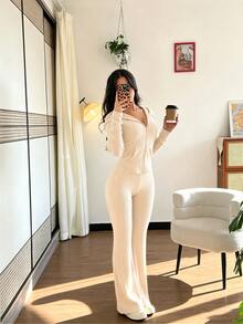 SHEIN Raffinéa Casual Fashion Daily Versatile Hooded Sweatshirt With Cinching Waist And Pockets, Flared Ribbed Knit Pants, 2 Pieces Set For Women, Autumn/Winter - Apricot - View 4