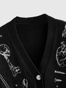 ROMWE Grunge Punk Gothic Punk Plus Size Women's Short Cardigan Sweater, Medical Anatomy Heart Eye Scissor Graphic Design, Punk Music Festival Sweater Jacket - Black - View 4