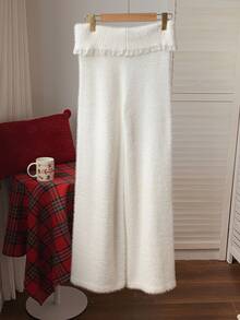 Comfortcana Women's Solid Color Contrast Lace Waist Fold Elegant Knit Long Pants - White - View 6