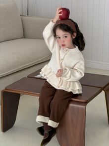 DAZY Infant/Toddler (Girl) Ruffle Trim Casual Korean Style Solid Color Autumn/Winter Long Sleeve Cardigan - Apricot - View 4