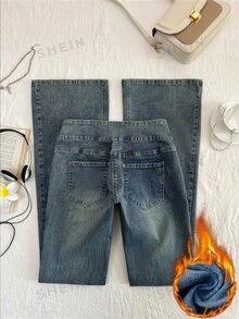 SHEIN Tall 高腰低腰時尚復古水洗牛仔喇叭褲 - 深色水洗藍 - 查看 2