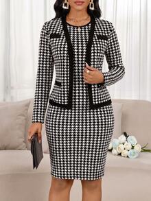 SHEIN Lady Women's Houndstooth Open Front Jacket And Dress Elegant 2 Pieces Set - Dusty Pink - View 3