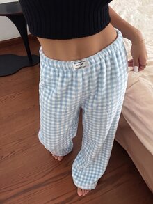 Napfluff ملابس منزلية نسائية أنيقة بتصميم بسيط وطبعة مربعات - الأزرق - مشاهدة 3