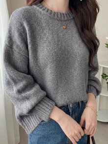 DAZY 女款圓領長袖極簡設計純色套頭毛衣 - 卡其色 - 查看 6