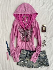 Attitoon Casual Street Style Deep Purple Red Snowflake & Wing Graphic Women's Long Sleeve Sweatshirt, Suitable For Autumn/Winter, Y2K - Red Violet - View 5