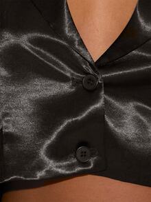 MUSERA Atasan Blazer Pendek Berpotongan Kotak dengan Kancing Depan dan Kerah V Satin Seksi untuk Acara Malam Hari, Musim Gugur, Musim Dingin, dan Kesepian - Hitam - View 6