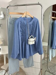 Lacomfia Haze Blue Long Sleeve Loose Fit Striped Trim Frill Trim Plus Size Shirt - Dusty Blue - View 1