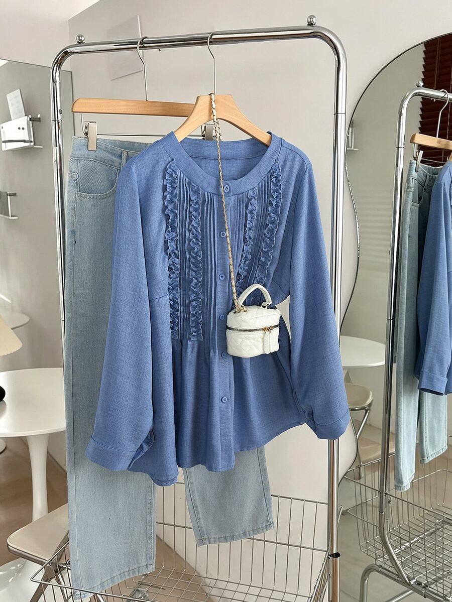Lacomfia Haze Blue Long Sleeve Loose Fit Striped Trim Frill Trim Plus Size Shirt - Dusty Blue - View 1