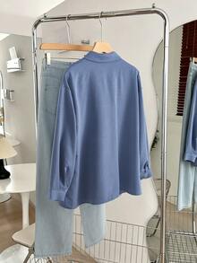Modelyn Floral Decor Long Sleeve Loose Fit Elegant Commuter Fashion Haze Blue Plus Size Blouse - Dusty Blue - View 2