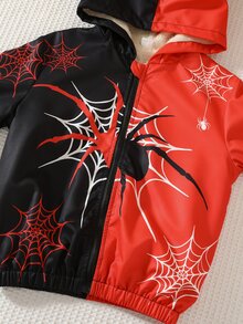 SHEIN Young Boy Casual Street Style Spider Web Spider Print Hooded Open Front Long Sleeve Jacket, Red And Black, Suitable For Commuting, School, Outings, Sports, Spring, Summer, Autumn, Winter, Halloween - Multicolor - View 6