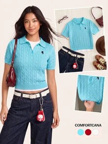 Comfortcana 女款時尚鈕扣設計刺繡短袖針織上衣 - 水鴨藍 - 查看 9