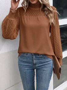 SHEIN Clasi 女款高領波點燈籠袖時尚休閒長袖上衣 - 棕色 - 查看 1