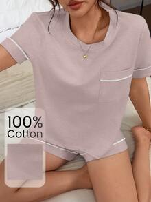 Napfluff Women's Knit Round Neck Short Sleeve Trim Shorts Pajama Set - Pink - View 4