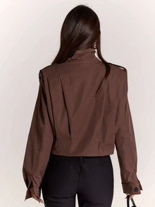 SHEIN BAE Women's Stand Collar Button Long Sleeve Solid Color Trench Coat - Khaki - View 2