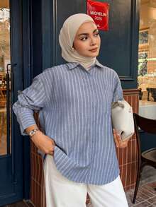 DAZY Women's Casual Striped Single-Breasted Long Sleeve Shirt - Blue - View 1