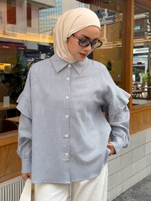 DAZY Autumn Women's Loose Short Button-Down Shirt With Collar, Blue And White Fine Stripes, Fresh Casual Commute Daily Wear - Baby Blue - View 4