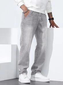 QuarKem Men's Washed Grey Semi-Elastic Waist Straight Leg Jeans - Grey - View 6
