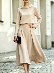 SHEIN 2 Pieces Shirt & Skirt Set, Elegant Office Fashion Shirt Paired With High-Waist Flared Skirt, Showcasing Business Style, Suitable For Commuting, Office, Daily Wear, Apricot Color - Apricot - View 6