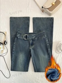 SHEIN PETITE Women's Casual Versatile Daily Wear Denim Flare Jeans - Dark Wash - View 3
