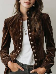 SHEIN Women's Elegant Velvet Fabric Lace Patchwork Commuter Party Casual Jacket - Brown - View 5