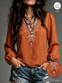 SHEIN Women's Casual Loose Design Button-Down Long Sleeve Shirt With V-Neck And Geometric Embroidery Pattern, Suitable For Dates, Vacations, Parties, Daily Outings, Gatherings, Outdoor Activities - Orange - View 2