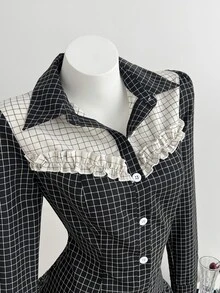 Elamini Women's Autumn Y2K Casual Plaid Colorblock Cake Mini Dress - Black - View 7