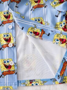 SpongeBob SquarePants | SHEIN 小男孩休閒卡通條紋印花長袖上衣與長褲睡衣套裝 - 彩色 - 查看 8